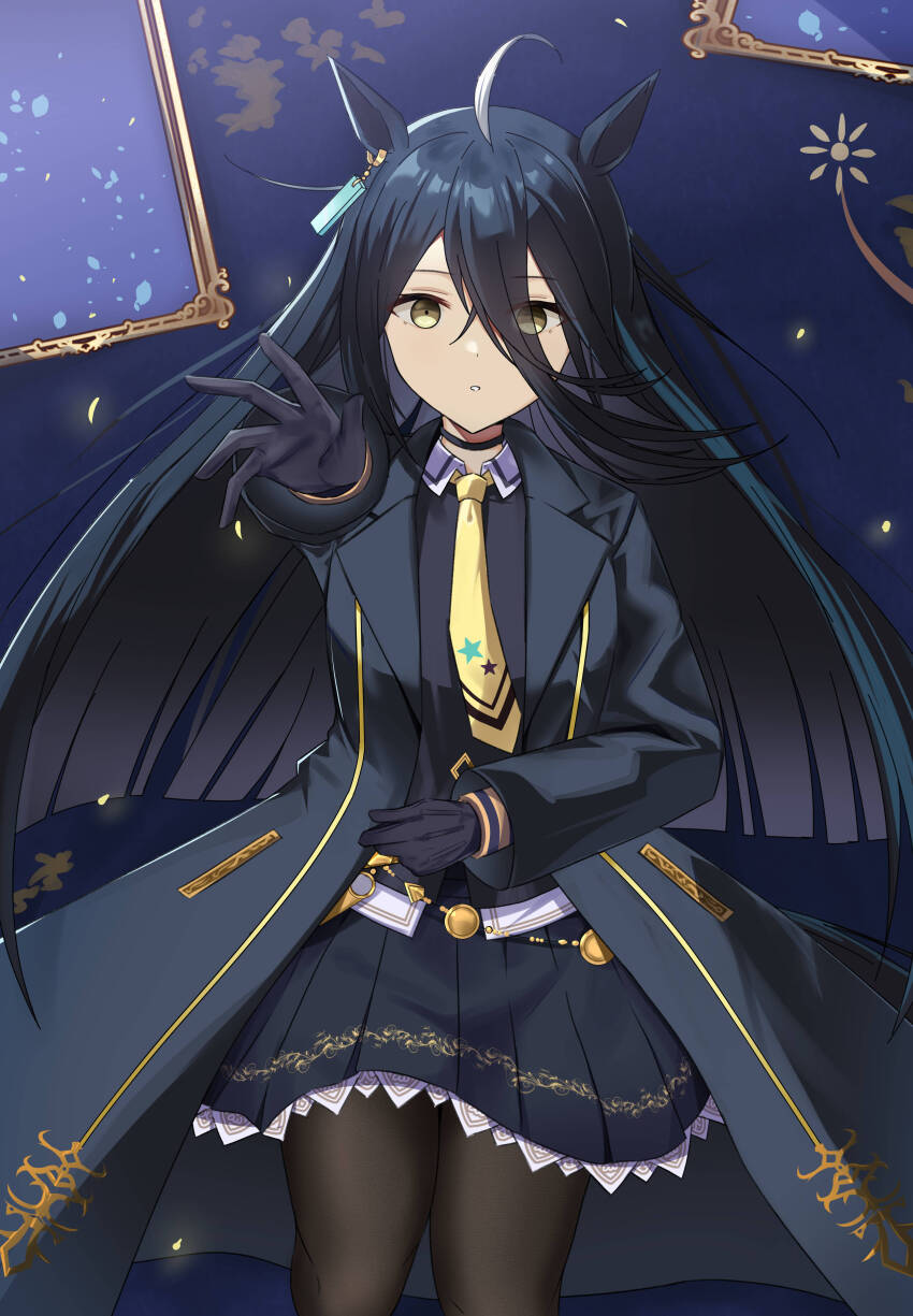 1girl absurdres ahoge animal_ears black_hair black_pantyhose black_serafuku earrings gloves hair_ornament hand_on_own_stomach highres horse_ears horse_girl jewelry long_hair looking_at_viewer lying manhattan_cafe_(umamusume) on_back pantyhose reaching reaching_towards_viewer school_uniform serafuku single_earring solo umamusume very_long_hair wasi yellow_eyes