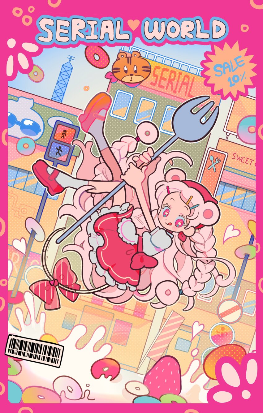 1girl :q absurdres animal_ears ankle_socks apron barcode bear_ears border bow colored_eyelashes dolman_(dm) dot_nose floating forehead fork frilled_apron frills full_body hair_down hair_ornament hairclip halftone hat highres holding holding_fork legs_up long_hair mary_janes original outdoors oversized_object parted_bangs pink_border pink_bow pink_eyes pink_hair pink_hat pink_shoes puffy_short_sleeves puffy_sleeves raised_eyebrows sale shirt shoes short_sleeves socks string tongue tongue_out twintails very_long_hair waist_apron white_shirt white_socks yellow_pupils