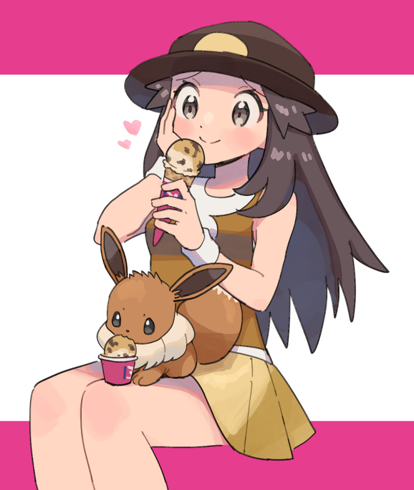 1girl breasts brown_eyes brown_hair brown_hat brown_tank_top commentary_request eating eevee food gen_1_pokemon hand_on_own_cheek hand_on_own_face hat highres holding holding_ice_cream_cone ice_cream ice_cream_cone invisible_chair leaf_(pokemon) miniskirt nintendo official_alternate_color pleated_skirt pokemon pokemon_(creature) pokemon_masters_ex pumpkinpan sitting skirt small_breasts smile tank_top wristband yellow_skirt