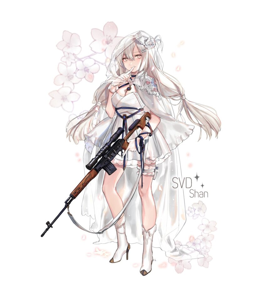 1girl boots dress flower girls&#039;_frontline gloves grey_eyes gun hat high_heels highres holding holding_gun holding_weapon jewelry long_hair necklace shan solo standing svd_(girls&#039;_frontline) veil weapon wedding_dress white_hair white_veil