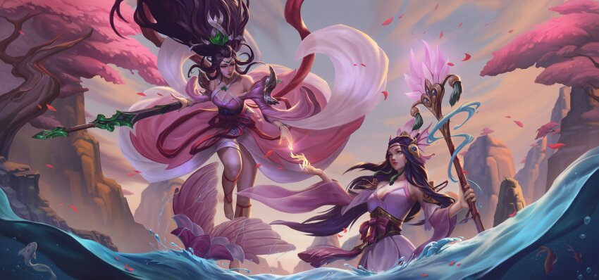 2girls absurdres barefoot black_hair blue_eyes breasts buwenyineng cherry_blossoms cleavage closed_mouth cloud collarbone commentary detached_sleeves dress english_commentary facial_mark falling_petals fingernails fins fish fish_tail floating_hair forehead_mark hair_ornament highres holding holding_staff janna_(league_of_legends) league_of_legends long_hair looking_at_another medium_breasts mermaid monster_girl mountain multiple_girls nami_(league_of_legends) official_alternate_costume official_alternate_hairstyle outdoors parted_bangs parted_lips petals pink_dress ponytail sacred_sword_janna sidelocks sky smile splashing splendid_staff_nami staff tail toenails toes tree water wide_sleeves