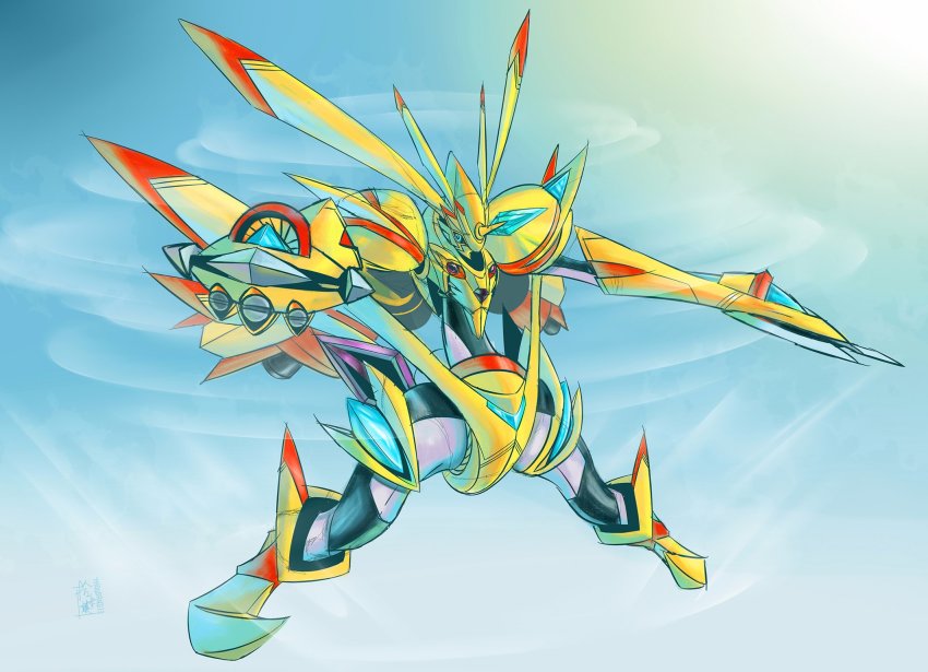armor cloud digimon flying highres rabbit rapidmon_(armor) rapidmon_x-antibody sky solo