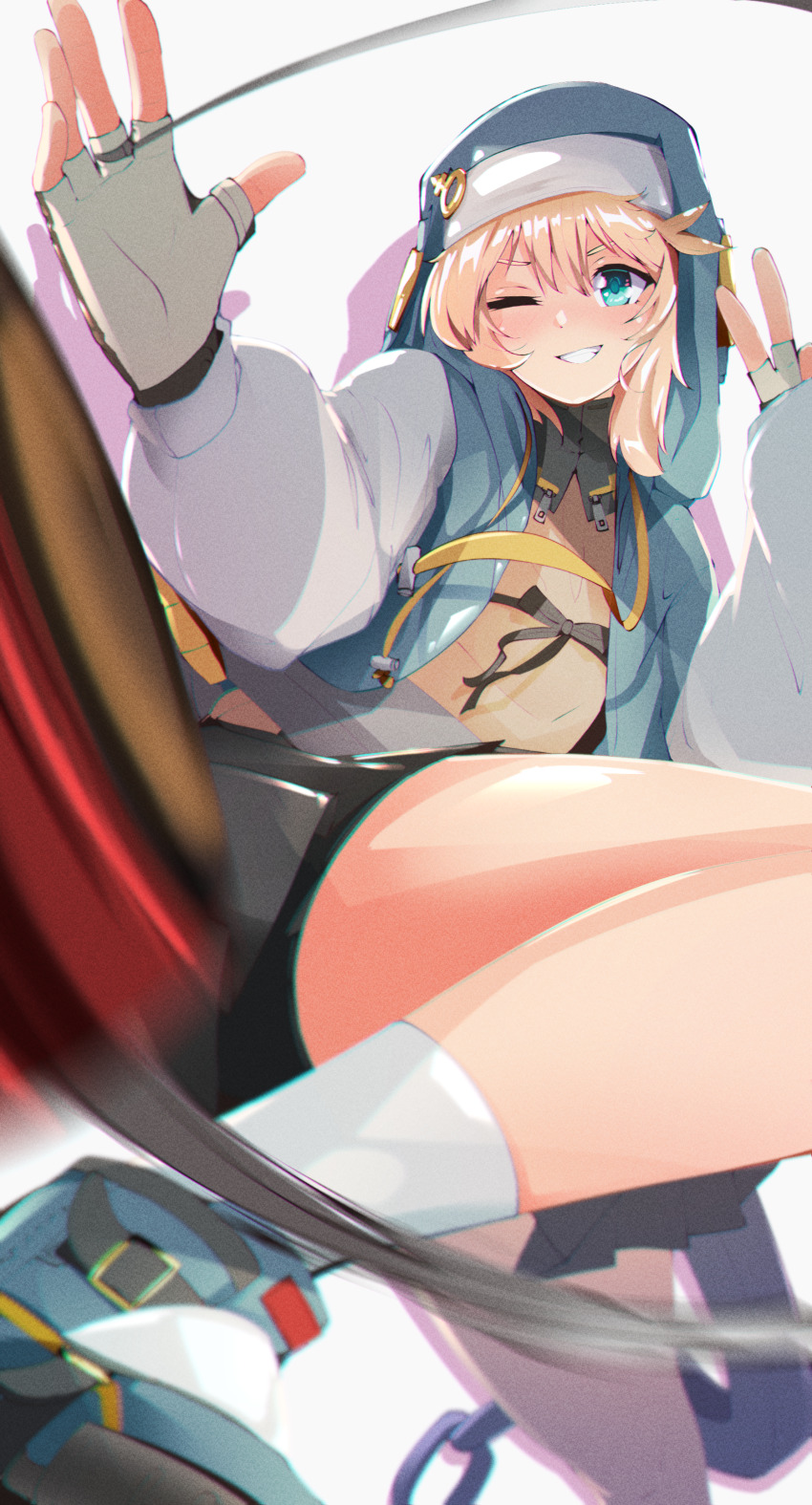 1boy absurdres androgyne_symbol aqua_eyes bike_shorts_under_skirt black_gloves blonde_hair bridget_(guilty_gear) cuffs fingerless_gloves gloves guilty_gear guilty_gear_strive habit handcuffs highres hood hood_up hooded_jacket hoodie jacket long_sleeves looking_at_viewer male_focus marky_evan medium_hair one_eye_closed open_clothes open_hoodie smile solo trap v white_gloves yo-yo