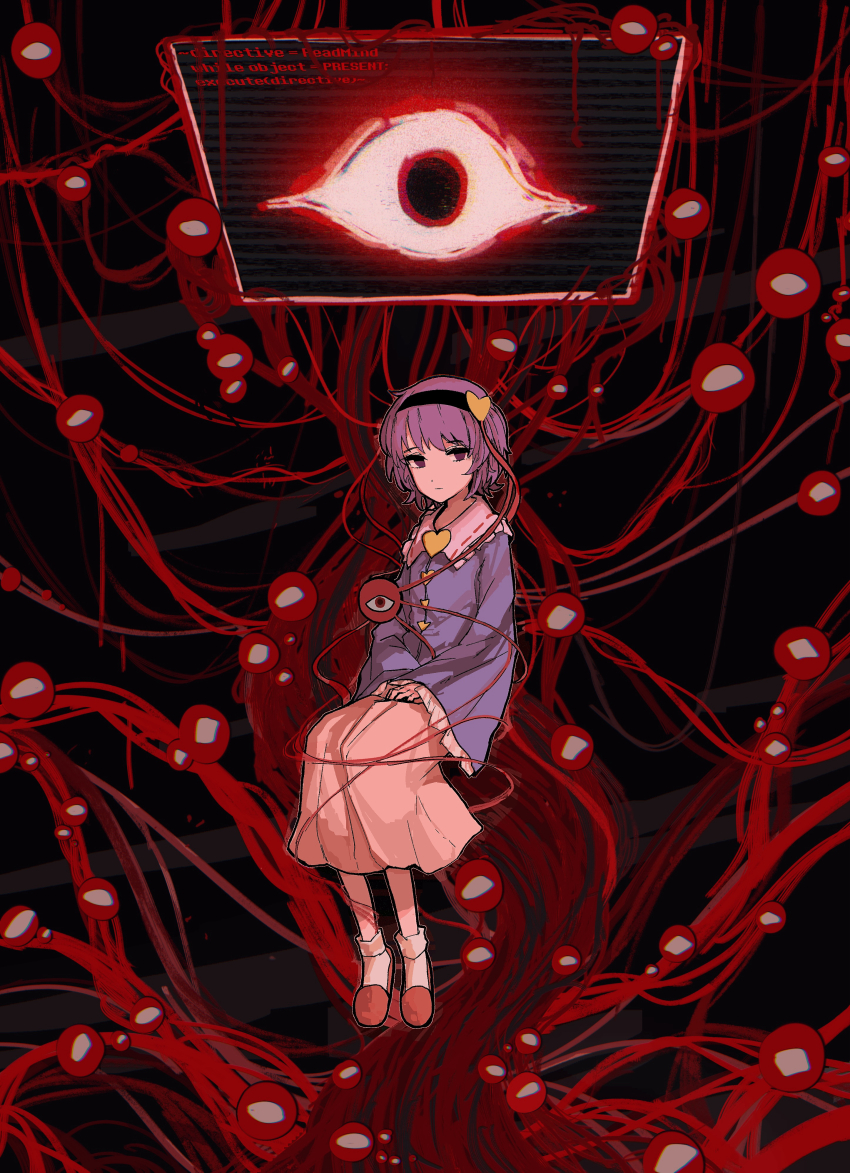 1girl absurdres black_hairband blue_shirt buttons closed_mouth code commentary_request english_text eyeball frilled_shirt_collar frilled_sleeves frills hair_ornament hairband heart heart_button heart_hair_ornament highres komeiji_satori long_sleeves looking_at_viewer monitor pink_skirt pink_slippers purple_hair ribbon-trimmed_collar ribbon_trim satori_day shirt skirt slippers socks solo stunionjy third_eye touhou white_socks wide_sleeves