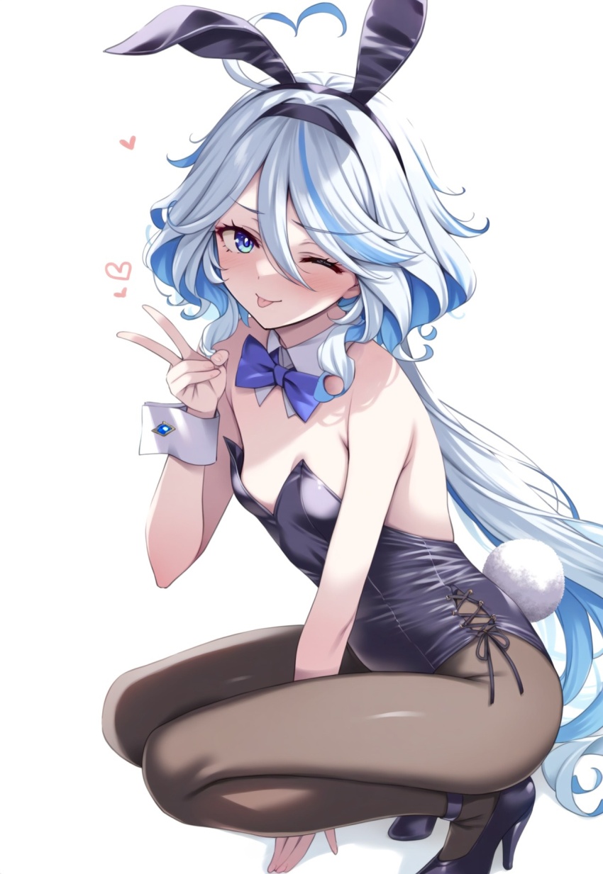 1girl :p ahoge alternate_costume animal_ears black_leotard blue_eyes blue_hair blush detached_collar fake_tail full_body furina_(genshin_impact) genshin_impact hair_between_eyes highres leotard light_blue_hair long_hair multicolored_hair one_eye_closed playboy_bunny rabbit_ears rabbit_tail sidelocks simple_background smile solo streaked_hair tail thighs tongue tongue_out two-tone_hair v white_background white_hair yukino110802