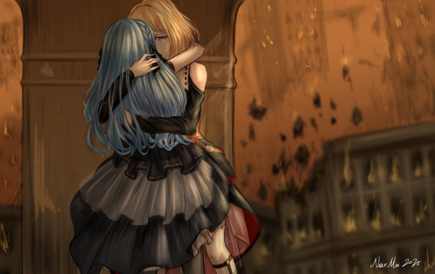 2girls absurdres apocalypse arm_around_neck artist_name bang_dream! bang_dream!_it&#039;s_mygo!!!!! black_dress black_skirt blonde_hair blue_hair building chinese_commentary clothing_cutout commentary_request crying crying_with_eyes_open doloris_(bang_dream!) dress fire highres kiss long_hair medium_hair misumi_uika multiple_girls noirmei oblivionis_(bang_dream!) purple_eyes shoulder_cutout skirt tears togawa_sakiko two_side_up yuri