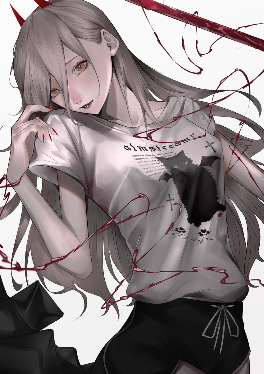 1girl absurdres black_shorts breasts chainsaw_man clothes_writing collarbone commentary cowboy_shot cross-shaped_pupils demon_girl demon_horns dolphin_shorts drawstring eyelashes fingernails grey_background grey_hair hair_between_eyes head_tilt hemokinesis highres horns lipstick long_fingernails long_hair long_hair_between_eyes looking_at_viewer makeup mano_aaa nail_polish orange_eyes parted_lips power_(chainsaw_man) print_shirt red_horns red_lips red_nails shirt short_sleeves shorts solo symbol-shaped_pupils t-shirt white_shirt