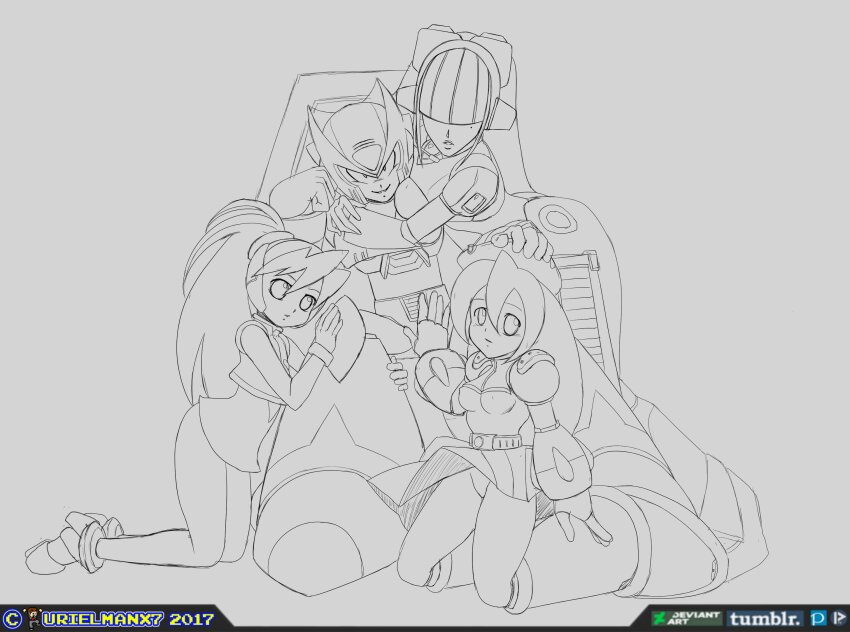 1boy 3girls android armor beret blunt_bangs breasts ciel_(mega_man) copyright_logo covered_eyes dark-skinned_female dark_skin dated deviantart_logo dress elbow_rest evil_grin evil_smile full_body gloves greyscale grin hand_on_another&#039;s_head hat headgear headset helmet high_ponytail highres hime_cut hug hug_from_behind iris_(mega_man) joints kneehighs kneeling large_breasts layer_(mega_man) logo long_hair looking_at_viewer low-tied_long_hair medium_breasts mega_man_(series) mega_man_x_(series) mega_man_zero_(series) mole mole_under_eye monochrome multiple_girls open_mouth pixiv_logo ponytail robot_ears robot_girl robot_joints shoulder_armor simple_background sitting_on_throne smile socks tumblr_logo underboob unfinished urielmanx7 white_background white_gloves zero_(mega_man)