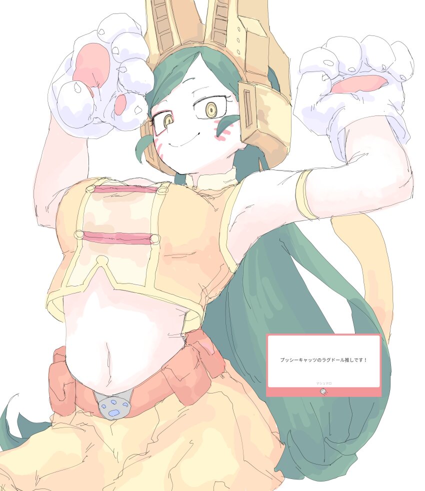 1girl absurdres animal_ears animal_hands boku_no_hero_academia breasts cat_paws closed_mouth crop_top cropped_shirt facial_mark gloves green_hair highres large_breasts long_hair looking_at_viewer midriff mocamocaink navel paw_gloves ragdoll_(boku_no_hero_academia) shirt skirt smile solo stomach tail whisker_markings yellow_eyes yellow_shirt yellow_skirt