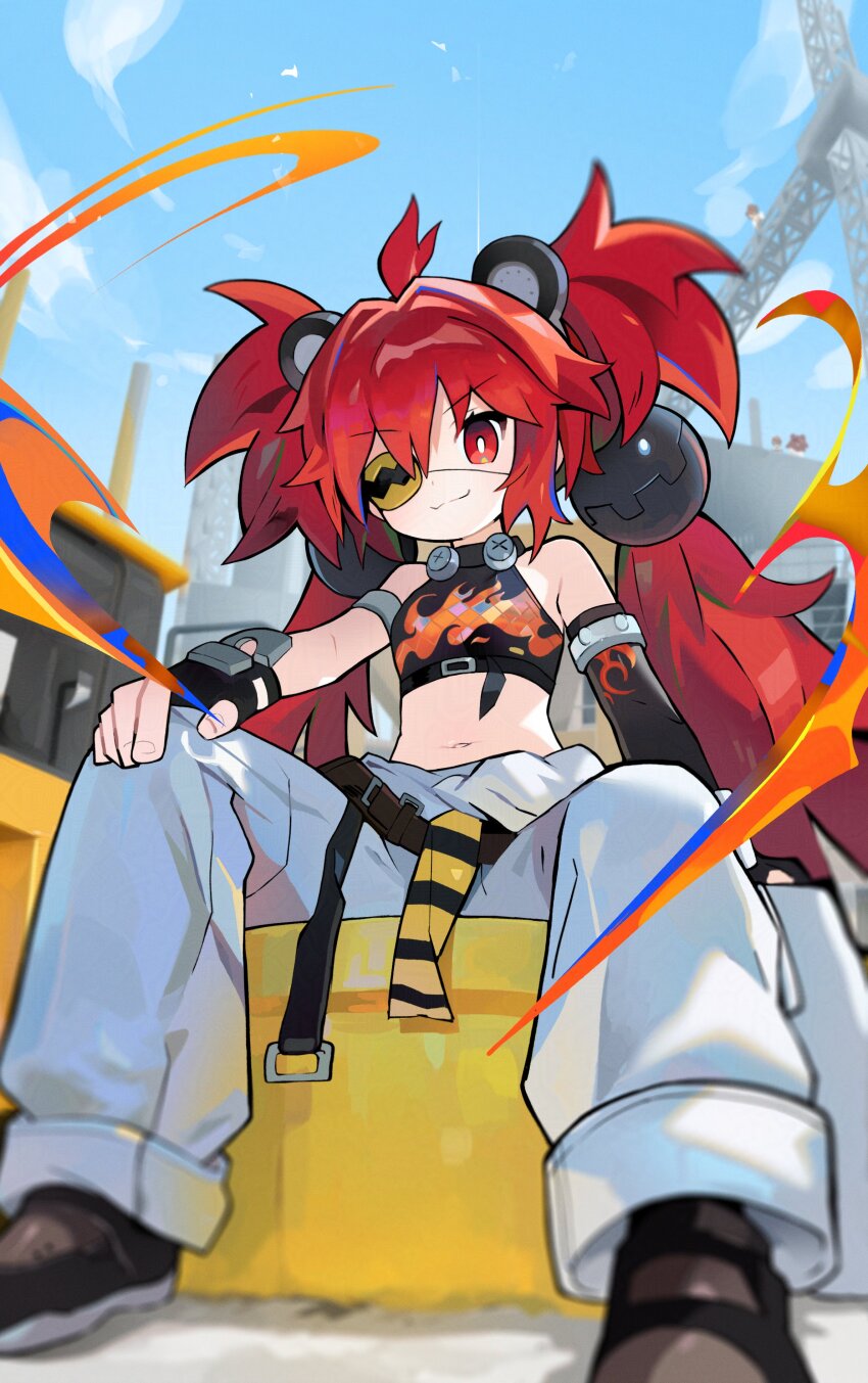 1girl absurdres ahoge armband asymmetrical_gloves baggy_pants bare_shoulders belt black_gloves black_shirt black_shoes blurry bright_pupils closed_mouth crane_(machine) crop_top day depth_of_field eyepatch fingerless_gloves full_body gloves hair_bobbles hair_ornament hand_on_own_knee highres koleda_belobog long_hair looking_at_viewer midriff morizo_(morizoshop) navel outdoors pants red_eyes red_hair shirt shoes sitting sleeveless sleeveless_shirt smile solo twintails uneven_gloves very_long_hair white_pants white_pupils zenless_zone_zero