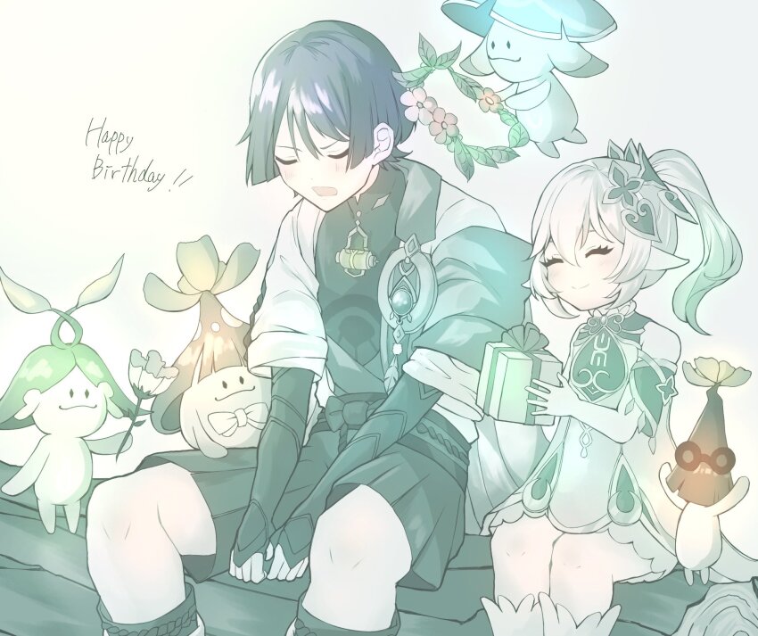 1boy 1girl ankome_3 aranara_(genshin_impact) armor bare_shoulders belt between_legs black_belt black_bodysuit black_bridal_gauntlets black_hair black_rope black_shorts bloomers blue_cape blue_gemstone blue_kimono blunt_ends bodysuit bow box bridal_gauntlets cape closed_eyes closed_mouth detached_sleeves dress eyelashes feathers gem genshin_impact gift gift_box gradient_hair green_hair green_sleeves grey_bow grey_sash hair_between_eyes hakama hakama_shorts han&#039;eri hand_between_legs happy_birthday highres holding holding_gift japanese_armor japanese_clothes kimono kote kurokote layered_kimono mandarin_collar multicolored_hair nahida_(genshin_impact) open_clothes open_kimono open_mouth pleated_shorts pointy_ears pom_pom_(clothes) rope scaramouche_(genshin_impact) short_hair short_sleeves shorts shoulder_peek side_ponytail sidelocks sitting smile underwear vision_(genshin_impact) wanderer_(genshin_impact) white_background white_bloomers white_dress white_hair white_kimono white_mouth white_sleeves
