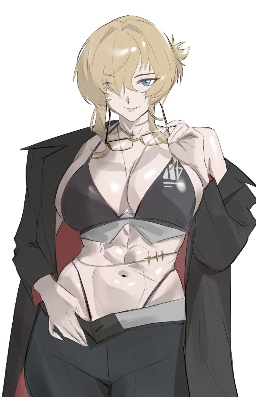 1girl abs absurdres bikini black_bikini black_jacket black_pants blonde_hair blue_eyes breasts chinese_commentary cleavage closed_mouth collar commentary_request cowboy_shot glasses goddess_of_victory:_nikke grave_(beautiful_you)_(nikke) grave_(nikke) groin hair_between_eyes hand_on_own_hip highleg highleg_bikini highres holding holding_removed_eyewear jacket large_breasts long_hair long_sleeves looking_at_viewer metal_collar multiple_scars navel off_shoulder official_alternate_costume pants ponytail scar scar_on_stomach short_ponytail sidelocks simple_background single_bare_shoulder solo standing stomach swimsuit taiyang_yu unworn_eyewear white_background