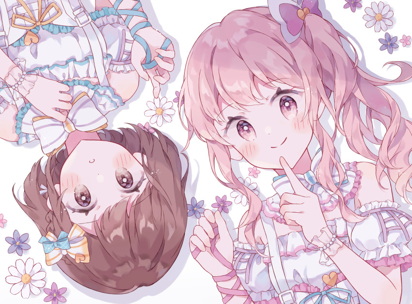 absurdres akiyama_mizuki aqua_bow aqua_ribbon armpit_crease bare_shoulders blush bow bracelet braid brown_eyes brown_hair closed_mouth collar commentary_request detached_collar detached_sleeves double-parted_bangs flower frilled_bracelet frilled_collar frilled_shirt frilled_sleeves frills hair_bow highres id_smile_(vocaloid) jewelry long_hair long_sidelocks looking_at_viewer lying multicolored_bow napo_(napo_illust) orange_bow orange_ribbon parted_lips pearl_bracelet pink_bow pink_eyes pink_flower pink_hair pink_ribbon project_sekai purple_flower ribbon rotational_symmetry shinonome_ena shirt short_hair side_braid side_ponytail sidelocks smile split_mouth suspenders swept_bangs wavy_hair white_bow white_collar white_flower white_shirt white_sleeves