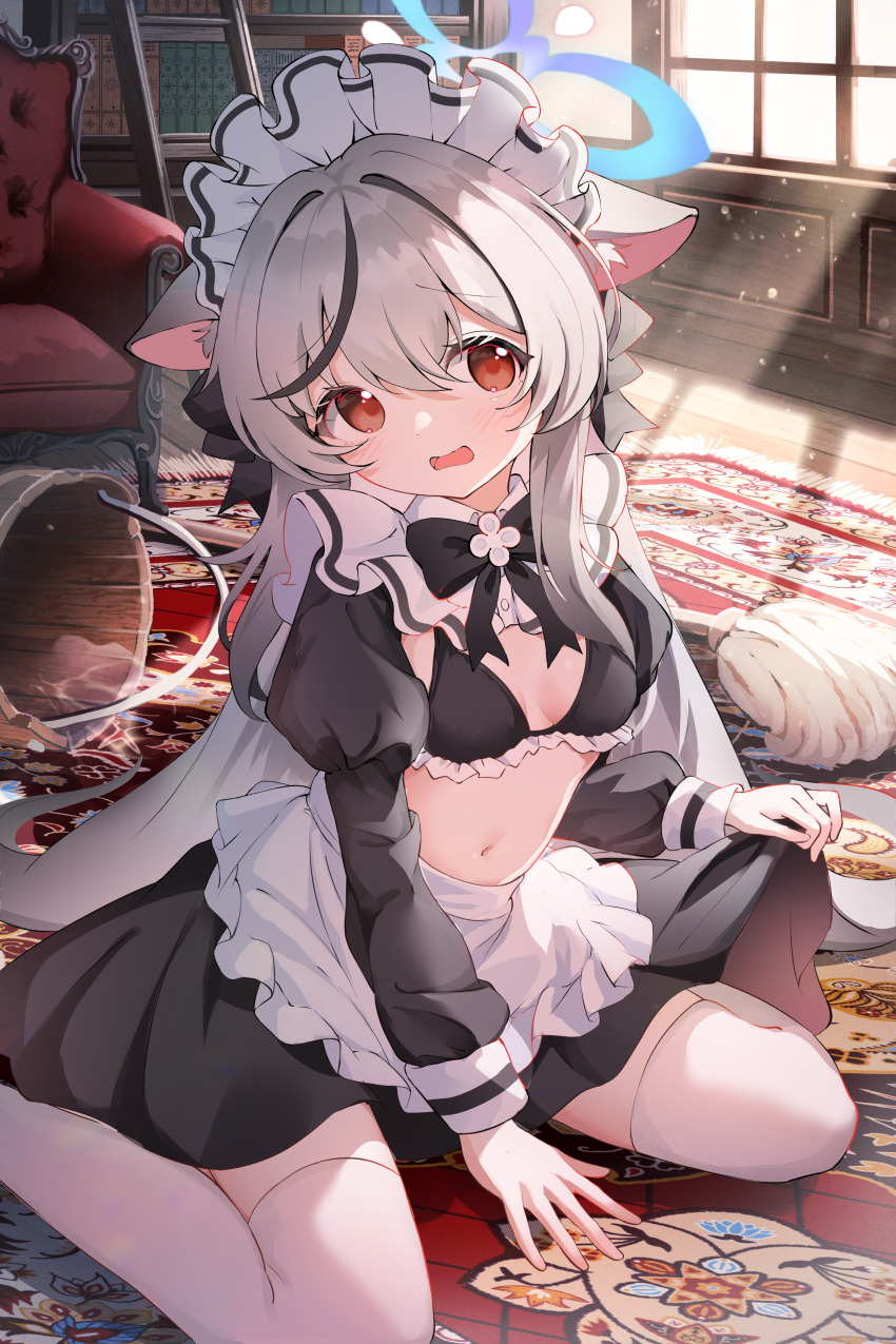 1girl absurdres animal_ears apron black_hair black_skirt blue_archive blue_halo blush breasts brown_eyes clothes_lift commentary frilled_apron frills grey_hair halo highres indoors kokona_(blue_archive) lifting_own_clothes loli long_hair long_sleeves looking_at_viewer maid maid_apron maid_headdress multicolored_hair navel puffy_sleeves sitting skirt skirt_lift small_breasts solo streaked_hair thighhighs tomo_(tomosa011326) waist_apron wariza white_thighhighs