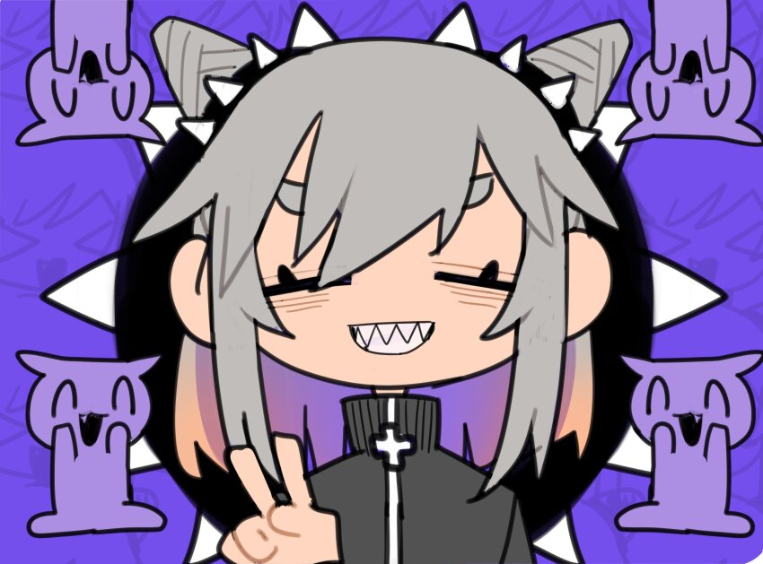 1girl ^_^ absurdres alternate_costume cat closed_eyes colored_inner_hair cone_hair_bun double_bun facing_viewer gradient_hair grin hair_bun hairband hand_up highres hijirime_laeria hikimayu ikuhana_niiro indie_virtual_youtuber jacket konton_boogie_(vocaloid) medium_hair multicolored_hair parody purple_background purple_hair recurring_image sharp_teeth smile solo spiked_hairband spikes style_parody teeth track_jacket v virtual_youtuber