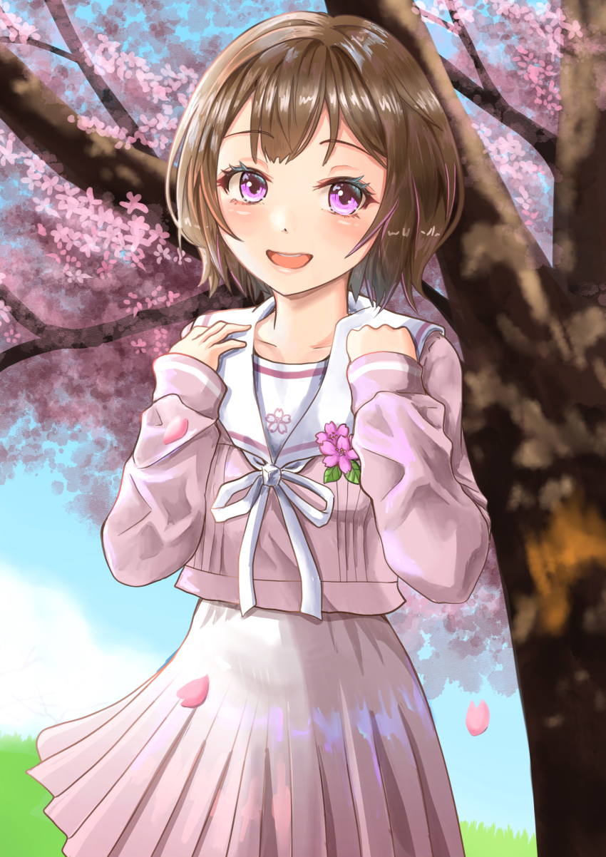 1girl absurdres blush brown_hair cherry_blossoms collarbone commentary_request falling_petals gakuen_idolmaster highres idolmaster jagi_(orenonawoitutemiro) long_sleeves looking_at_viewer neck_ribbon neo_asari official_alternate_costume outdoors petals pink_eyes pink_serafuku pleated_skirt ribbon school_uniform serafuku short_hair skirt smile solo white_ribbon