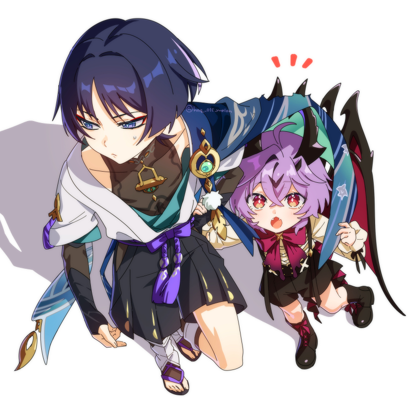 2boys ahoge aqua_kimono aqua_sleeves armor averting_eyes black_bodysuit black_boots black_bridal_gauntlets black_hair black_horns black_leggings black_sandals black_shorts blue_cape blunt_ends bodysuit boots bow bridal_gauntlets bright_pupils brooch cape cape_umbrella choppy_bangs closed_mouth covered_collarbone crossed_bangs diamond-shaped_pupils diamond_(shape) dragon_horns dragon_wings durin_(real)_(genshin_impact) eyeliner eyeshadow facial_mark fangs feathers fingernails forehead_mark frilled_sleeves frills from_above furisode gem genshin_impact gold green_gemstone hag_(hag_015) hair_intakes hakama hakama_shorts height_difference highres horns humanization japanese_armor japanese_clothes jewelry juban kimono kote kurokote lace-up_boots large_bow layered_sleeves leg_warmers leggings light_blush long_sleeves looking_at_viewer looking_to_the_side makeup mandarin_collar mini_durin_(dragon)_(genshin_impact) mini_durin_(genshin_impact) mini_durin_(human)_(genshin_impact) multicolored_hair multiple_boys notice_lines open_clothes open_kimono open_mouth orange_eyes parted_bangs pleated_shorts pom_pom_(clothes) purple_bow purple_eyes purple_hair purple_pupils purple_rope red_bow red_eyeliner red_eyeshadow red_wings rope sandals scaramouche_(genshin_impact) shadow shirt short_sleeves shorts shoulder_peek spoilers star_brooch streaked_hair suspender_shorts suspenders sweatdrop symbol-shaped_pupils toenails toes tsurime twitter_username vision_(genshin_impact) wanderer_(genshin_impact) white_background white_kimono white_leg_warmers white_pupils white_sleeves white_trim wings yellow_feathers yellow_shirt yellow_sleeves zouri