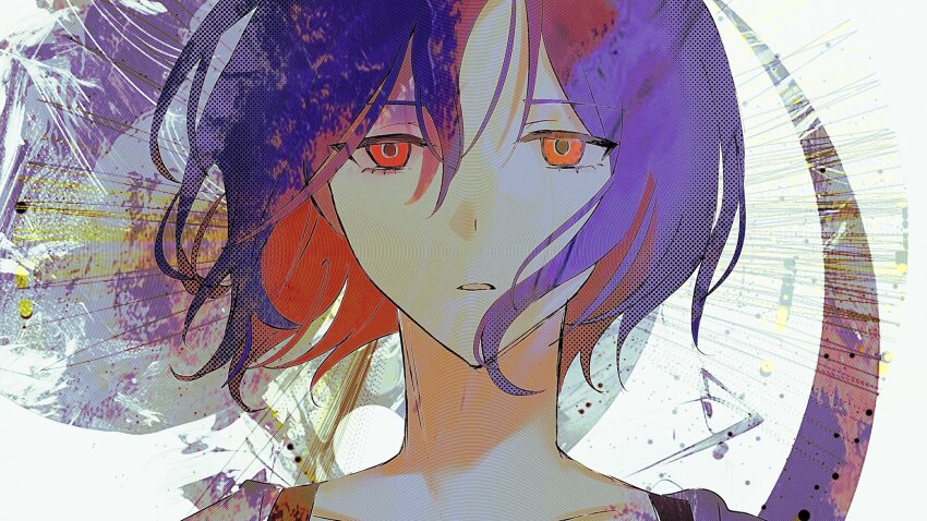 1boy 21scorpii close-up colored_inner_hair commentary gundam gundam_gquuuuuux hashtag-only_commentary highres looking_at_viewer male_focus multicolored_hair open_mouth purple_hair red_eyes red_hair short_hair shuji_ito solo straight-on two-tone_hair