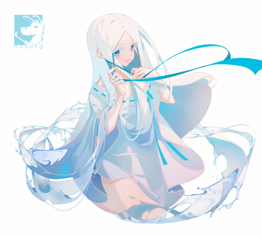 1girl :d artist_name bare_shoulders bbsucg blue_eyes blue_ribbon commentary dress fingernails hair_ribbon hands_up highres long_hair looking_at_viewer off_shoulder open_mouth pandora_(re:zero) re:zero_kara_hajimeru_isekai_seikatsu ribbon ribbon-trimmed_clothes ribbon-trimmed_dress ribbon_trim sidelocks simple_background smile solo tying_hair very_long_hair white_background white_dress white_hair