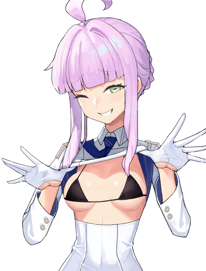 1girl absurdres ahoge bikini black_bikini blue_archive blue_necktie blunt_bangs breasts breasts_apart buttons clothes_lift collared_shirt epaulettes gloves green_eyes hair_up high-waist_skirt highres kaya_(blue_archive) lifting_own_clothes light_blush long_sleeves looking_at_viewer medium_breasts necktie necktie_over_shoulder one_eye_closed out_of_frame pink_hair rectangular_pupils shirt shirt_lift sillon simple_background skirt smile solo swimsuit upper_body white_background white_gloves white_shirt white_skirt