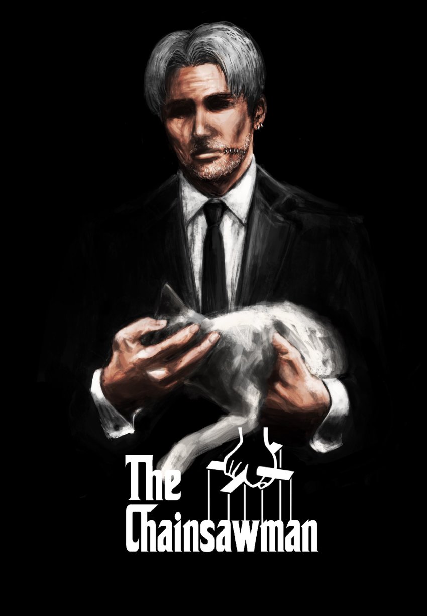 1boy black_background black_jacket black_necktie carrying cat chainsaw_man collared_shirt copyright_name dark dark_background earrings facial_hair formal_clothes grey_hair highres holding jacket jewelry kishibe_(chainsaw_man) looking_at_viewer meowy_(chainsaw_man) multiple_earrings necktie old parody puppet_strings raberu_ruru shaded_face shirt short_hair simple_background solo_focus stitched_face stitches stubble suit the_godfather white_cat white_shirt