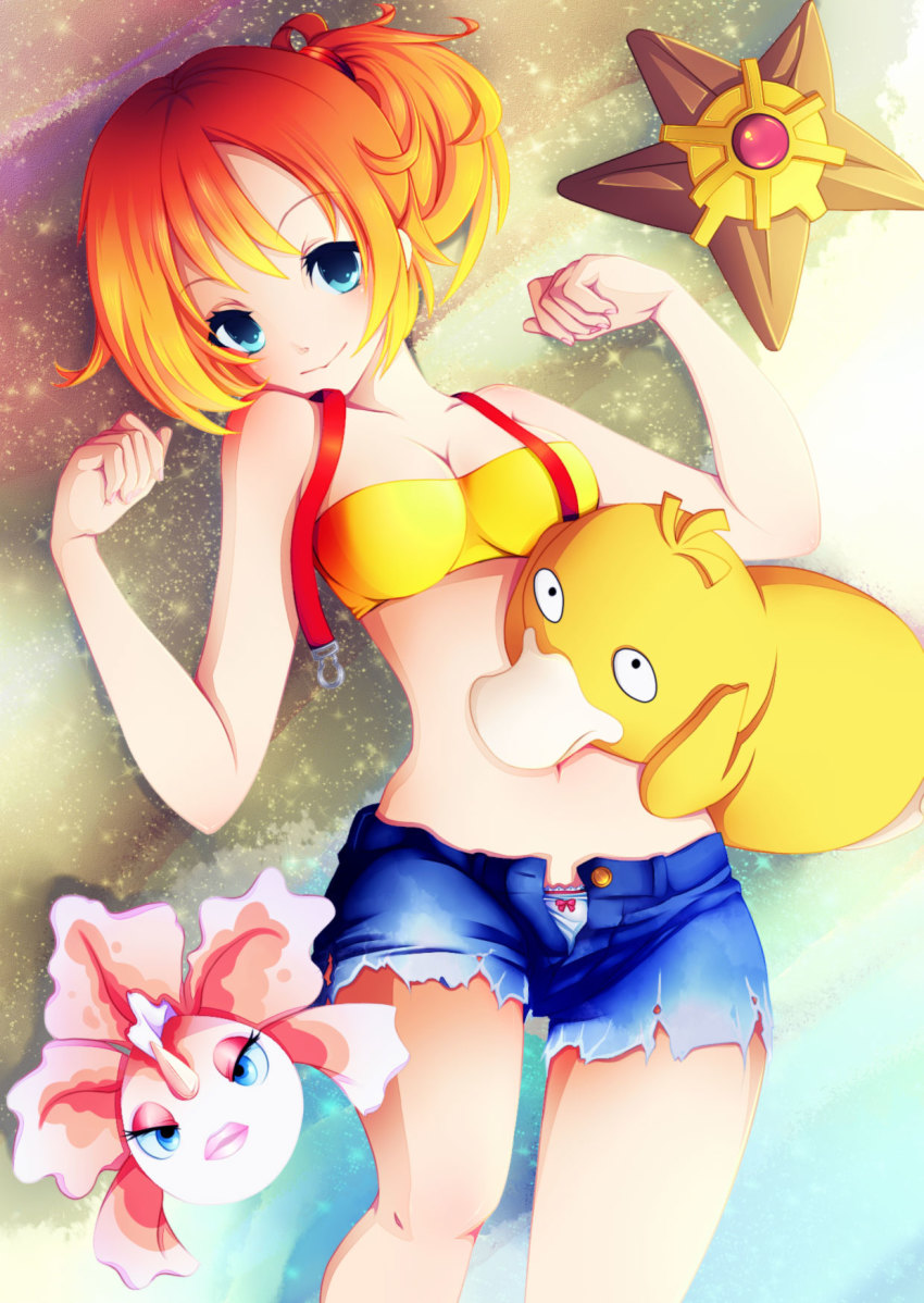 1girl bandeau beach blue_eyes bow bow_panties breasts cleavage denim denim_shorts gen_1_pokemon goldeen highres kogane-chan looking_at_viewer lying misty_(pokemon) navel nintendo orange_hair panties pokemon pokemon_(anime) pokemon_(classic_anime) pokemon_(creature) psyduck sand short_hair short_shorts shorts side_ponytail smile starmie staryu strapless suspenders thighs tube_top unbuttoned underwear