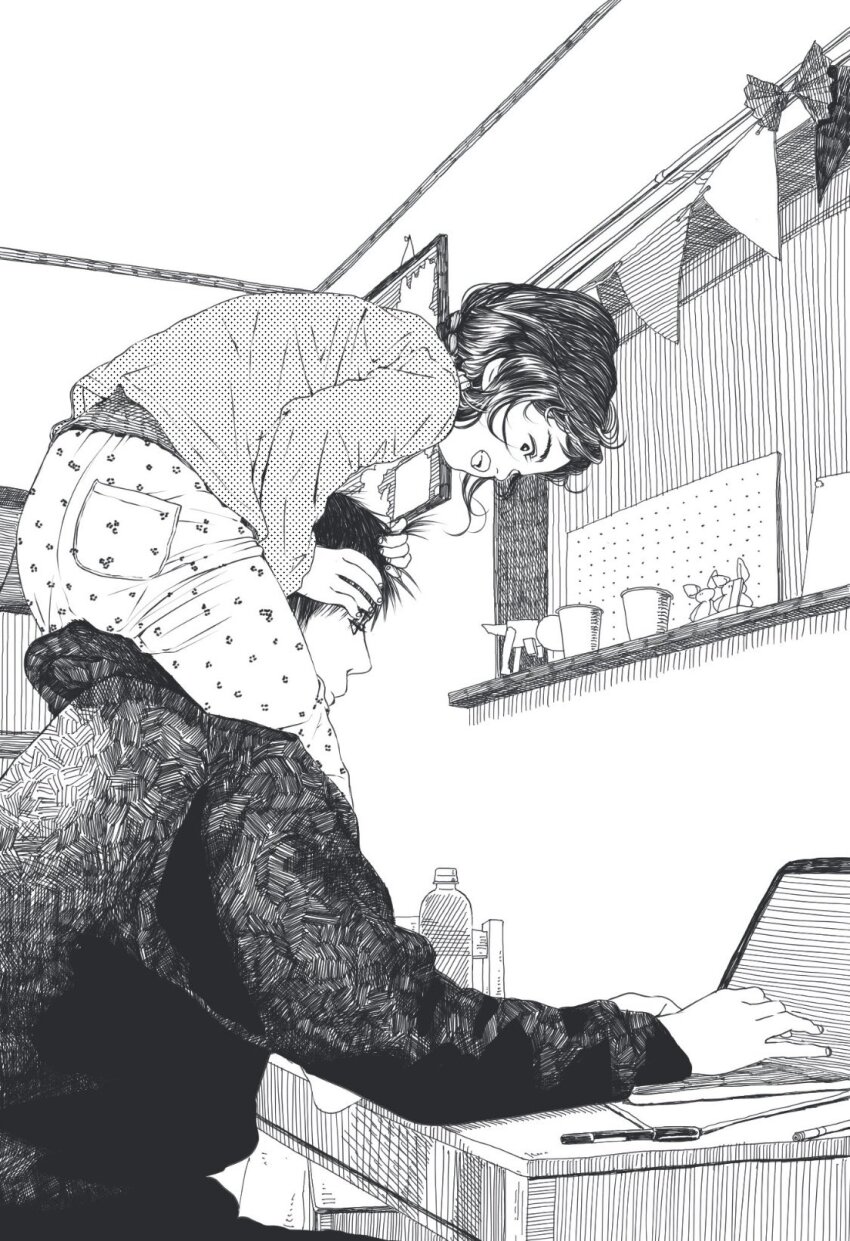 1boy 1girl bottle bunting carrying ceiling child desk father_and_daughter from_side greyscale hatching_(texture) highres hood hood_down hoodie indoors linear_hatching long_sleeves marker monochrome nashika_t open_mouth original pants piggyback print_pants window