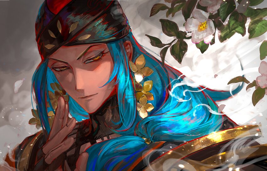 1boy ashoka_(fate) black_turban blue_hair dark-skinned_male dark_skin earrings egawa_akira fate/grand_order fate_(series) flower flower_earrings hair_ornament hair_over_shoulder highres indian_clothes jewelry leaf light_blue_hair long_hair male_focus solo turban yellow_eyes