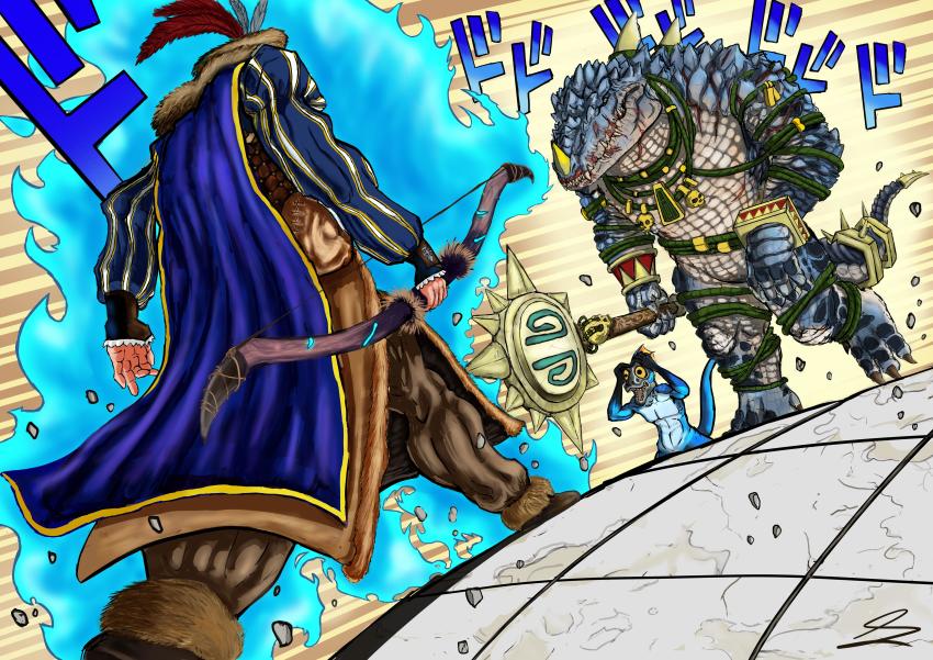 3boys absurdres aura blue_cape blue_scales blue_sleeves bow_(weapon) bracelet brown_pants cape crocodilian derivative_work dodododo empire_(warhammer_fantasy) feathers fur_collar fur_hat furry furry_male gold_bracelet hat hat_feather highres jewelry jojo_no_kimyou_na_bouken kroxigor lizardman lizardman_(warhammer_fantasy) long_sleeves looking_at_another mace male_focus comic_panel_redraw markus_wulfhart meme mr_carstein multiple_boys nakai_(warhammer_fantasy) necklace oh?_you&#039;re_approaching_me?_(meme) pants parody puffy_sleeves renaissance_clothes rope scales scar sharp_teeth size_difference skink skull_necklace slit_pupils spiked_mace spikes stardust_crusaders stone_floor surprised teeth total_war total_war:_warhammer total_war:_warhammer totem trinkets walking warhammer_fantasy weapon yellow_eyes
