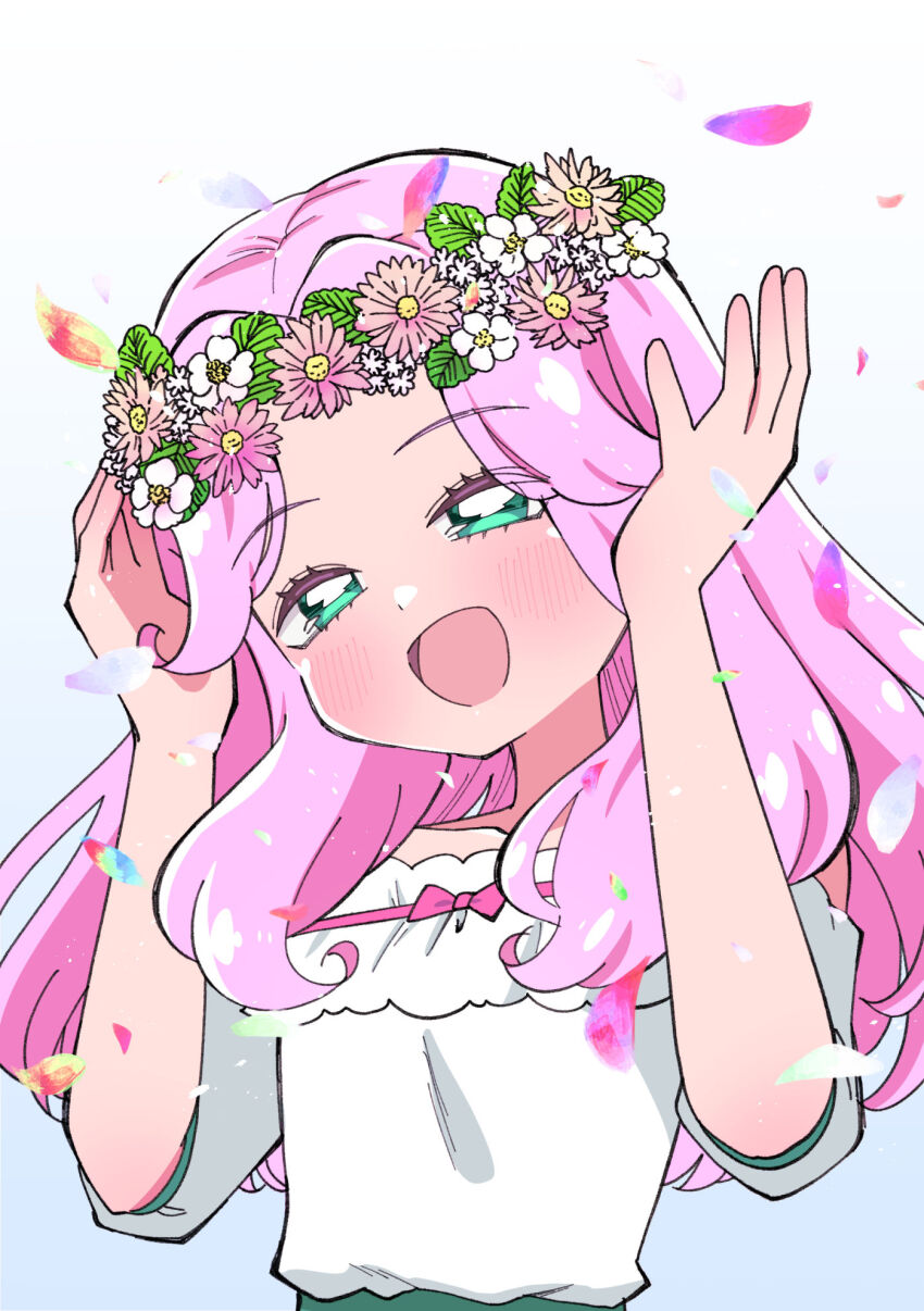 1girl blouse falling_petals gradient_background green_eyes green_skirt half-closed_eyes hanami_kotoha head_wreath highres long_hair looking_at_viewer mahou_girls_precure! meranoreuka_(pandapaca) off-shoulder_shirt off_shoulder open_mouth parted_bangs petals pink_hair precure shirt skirt smile solo upper_body white_shirt
