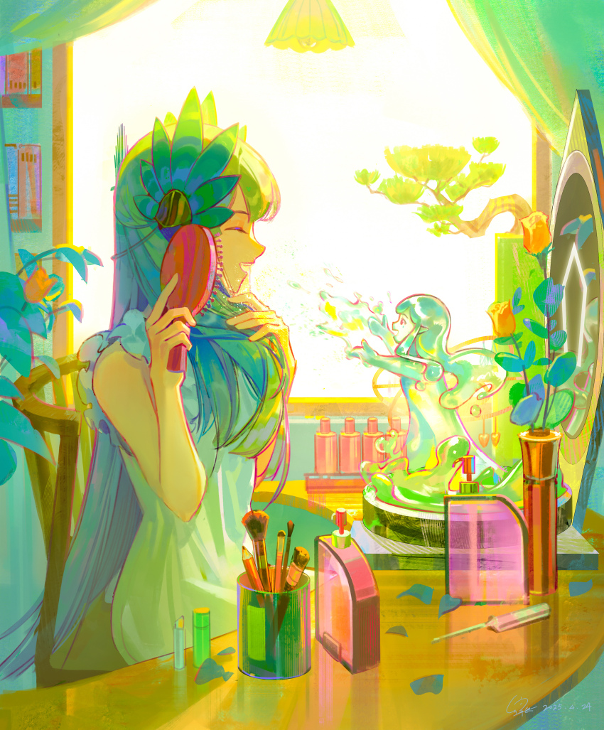 1girl ^_^ absurdres applying_makeup arknights artist_name brushing_hair closed_eyes comb commentary cosmetics dated dress flower from_side highres holding holding_comb indoors laurel_crown lipstick_tube long_hair lyuqiu makeup_brush mirror muelsyse_(arknights) open_mouth plastic_bottle signature sitting soap_bottle solo table teeth tulip upper_teeth_only vanity_table vase very_long_hair white_dress yellow_flower yellow_tulip