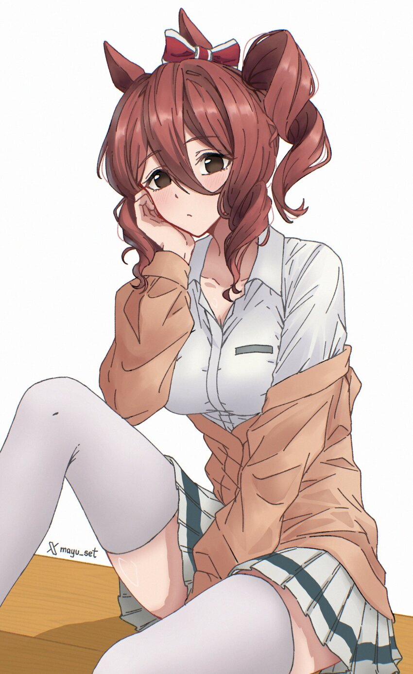 1girl absurdres animal_ears artist_name breasts brown_hair drill_hair highres horse_ears horse_girl looking_at_viewer mayu_set miniskirt norn_ace_(umamusume) shirt side_drill sitting skirt solo thighhighs umamusume umamusume:_cinderella_gray white_background white_shirt white_skirt white_thighhighs