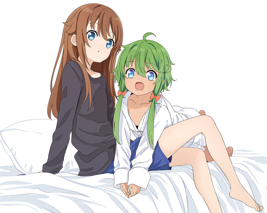 2girls abe_kanari ahoge alternate_costume bed black_sweater blue_eyes blue_skirt brown_hair collared_shirt dark-skinned_female dark_skin dress_shirt green_hair high_school_fleet highres long_hair low_twintails misaki_akeno multiple_girls pillow shirt simple_background sitting skirt susan_reyes sweater twintails white_background white_shirt