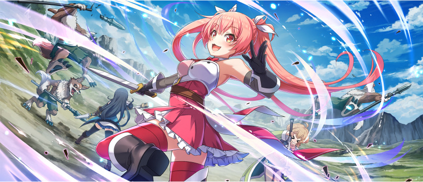 &gt;_&lt; 3girls :3 ahoge ankle_boots armpit_crease ass asymmetrical_footwear belt black_boots black_gloves black_hair black_thighhighs blonde_hair blue_sky boobplate boots bow bowtie breastplate breasts brown_belt cielo_(konosuba) cloud cloudy_sky collar dagger detached_collar double-parted_bangs dress erika_(konosuba) floating_hair frilled_dress frills game_cg gloves green_dress hair_ribbon high_belt highres holding holding_dagger holding_knife holding_polearm holding_staff holding_weapon knife kono_subarashii_sekai_ni_shukufuku_wo! konosuba!_fantastic_days large_breasts leg_up lia_(konosuba) light_blush long_hair looking_ahead monster multiple_girls official_art open_mouth outdoors pink_bow pink_bowtie pink_dress pink_eyes pink_hair pink_thighhighs polearm ribbon short_dress short_hair sidelocks sky slashing smile solo_focus spear staff thigh_boots thighhighs twintails uneven_footwear very_long_hair weapon white_collar white_dress white_ribbon zettai_ryouiki