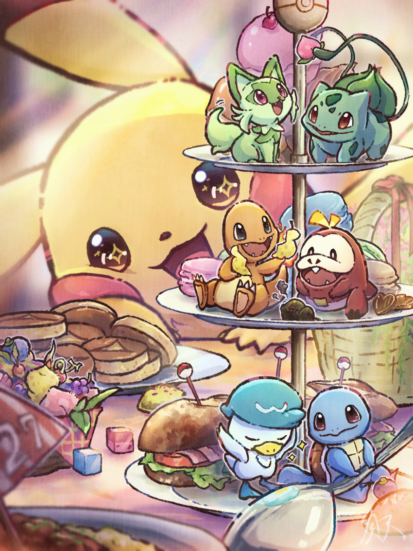 basket berry berry_(pokemon) bulbasaur cake charmander food fruit fuecoco gen_1_pokemon highres holding holding_spoon macaron muffin nintendo peach pikachu pokeblock pokemon pokemon_(creature) quaxly sandwich sparkling_eyes spoon sprigatito squirtle suama_(haruichi) sweets tiered_tray