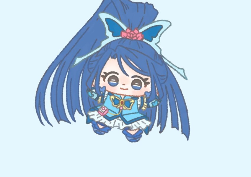 1girl absurdly_long_hair animal_print blue_arm_warmers blue_background blue_boots blue_bow blue_bowtie blue_dress blue_eyes blue_hair blue_shorts blue_theme blue_vest blunt_ends boots bow bowtie brooch butterfly_earrings butterfly_hair_ornament butterfly_print chibi closed_mouth coattails cure_aqua dot_nose dress earrings eyelashes flower frilled_dress frilled_sleeves frills hair_between_eyes hair_flower hair_ornament high_ponytail ichigo_usuhana jewelry light_blush long_hair magical_girl minazuki_karen outstretched_arms parted_bangs pink_bag pink_flower pink_rose ponytail precure rose short_dress short_sleeves shorts shorts_under_dress simple_background smile solo swept_bangs tareme two-tone_bag very_long_hair vest waist_bag white_bag yes!_precure_5 yes!_precure_5_gogo!