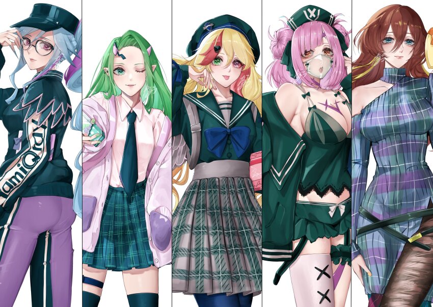 5girls absurdres bare_shoulders black_jacket blonde_hair blue_eyes blue_hair breasts brown_hair cleavage colored_sclera double_bun dress green_eyes green_hair hair_behind_ear hair_between_eyes hair_bun hair_ornament hat heart heart_hair_ornament heterochromia highres horns jacket kabu_(kaopako_) long_hair looking_at_viewer macross macross_delta macross_delta:_zettai_live!!!!!! multicolored_hair multiple_girls necktie pointy_ears ponytail purple_hair red_eyes red_hair red_sclera side_ponytail single_horn skirt smile streaked_hair very_long_hair yami_freyja yami_kaname yami_makina yami_q_ray yami_reina yamikumo