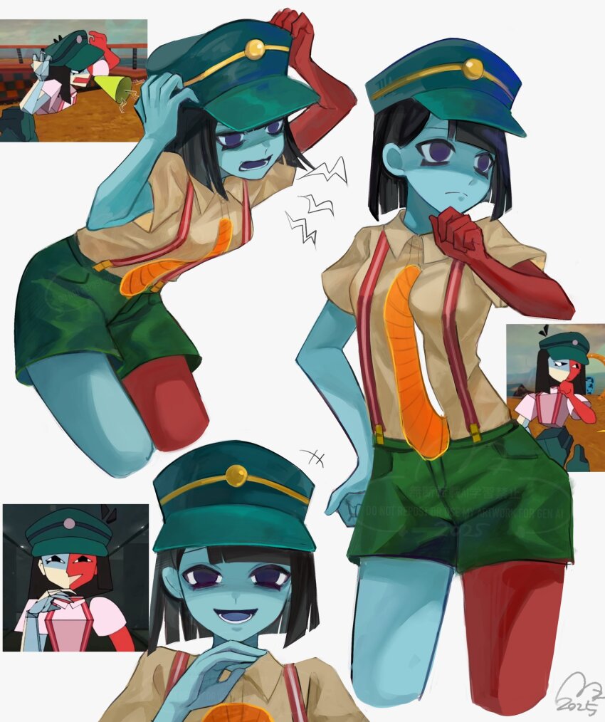 1girl angry bent_over black_hair blue_skin blunt_bangs blunt_ends bob_cut colored_skin derivative_work ena:_dream_bbq ena_(dream_bbq)_(joel_g) ena_(series) ena_(species) green_hat green_shorts hangover_ena_(joel_g) hat highres hole_on_body looking_at_viewer lower_teeth_only meanie_ena multicolored_skin open_mouth red_skin salesperson_ena shirt short_sleeves shorts simple_background smile suspenders teeth two-tone_skin usagimarumei white_background