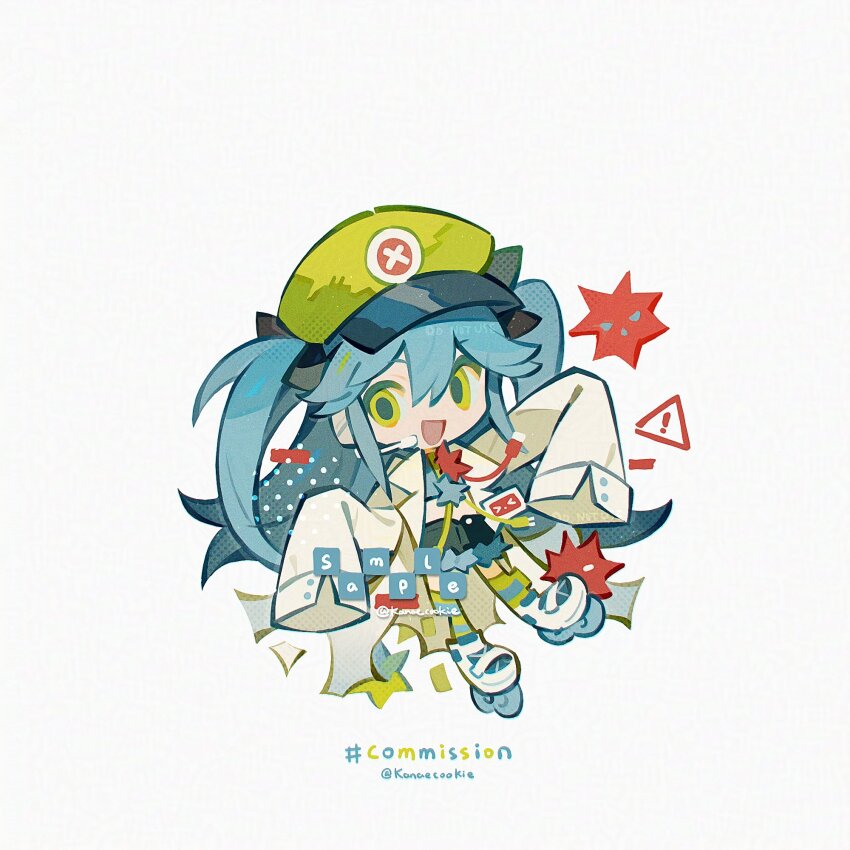 1girl :d black_shorts blue_hair chibi chibi_only commission double-parted_bangs full_body green_eyes green_hat green_socks hair_between_eyes hands_up hat headset highres kanae_(cookie) lab_coat long_hair long_sleeves looking_at_viewer open_mouth original roller_skates sample_watermark shoes shorts sidelocks simple_background skates sleeves_past_fingers sleeves_past_wrists smile socks solo standing striped_clothes striped_socks twitter_username two_side_up very_long_hair watermark white_background white_shoes