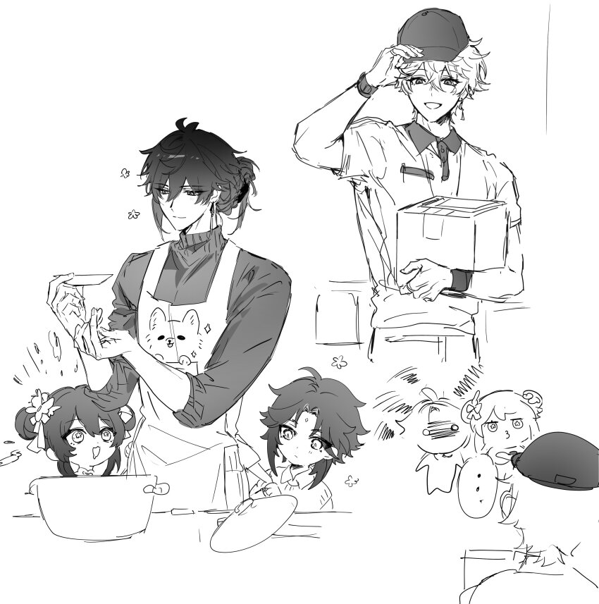 ... 1boy 1girl 3boys absurdres age_difference aged_down alternate_costume alternate_hairstyle blush delivery_man genshin_impact glaring greyscale hair_ornament hairclip hamtaru542899 highres hu_tao_(genshin_impact) monochrome mors_gn multiple_boys tartaglia_(genshin_impact) twitter white_background xiao_(genshin_impact) yaoi zhongli_(genshin_impact)