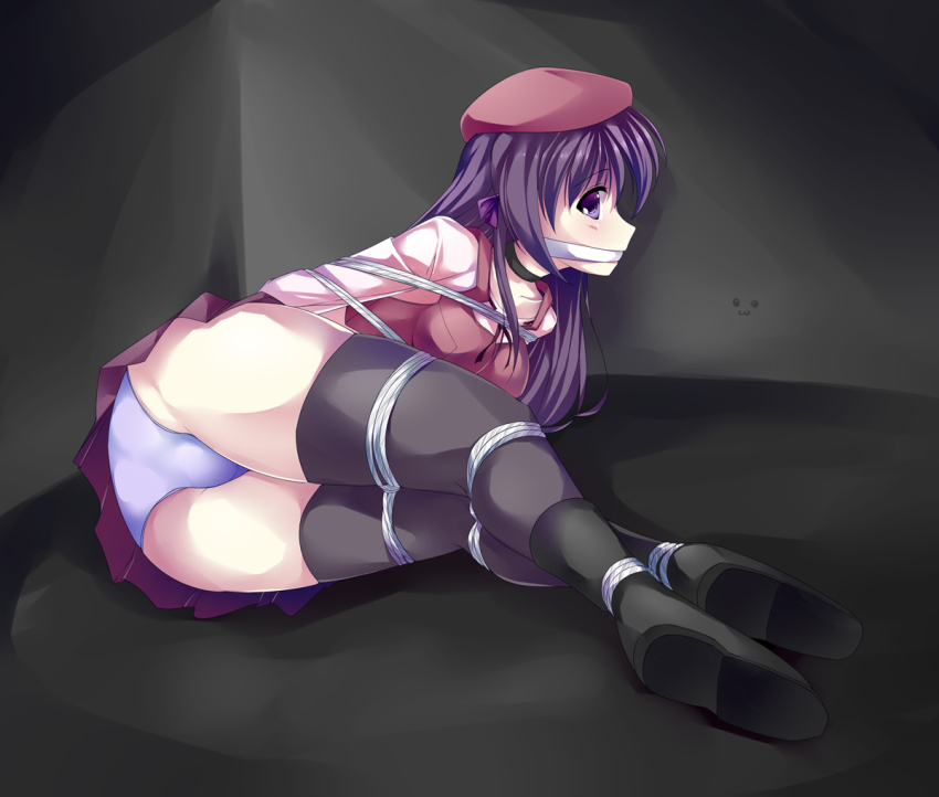 1girl ankle_boots arms_behind_back ass bdsm black_hair black_thighhighs bondage boots bound bound_ankles bound_arms bound_legs bound_thighs gag gagged hat long_hair maullarmaullar miniskirt panties purple_eyes restrained rope shihou_matsuri skirt sola solo thighhighs underwear