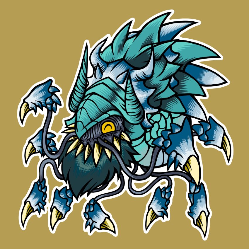alien alien_ammonite ammonite armor chibi claws duel_monster exoskeleton fang fangs highres jaw mandibles monster monster_focus no_humans open_mouth sharp_teeth shell teeth tentacles tk_moai_create yu-gi-oh!