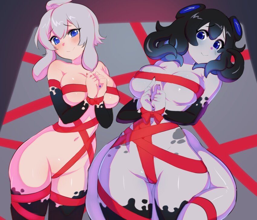 2girls ahoge blue_eyes bodypaint bound chumu_(teuthidan) colored_skin commission commissioner_upload convenient_censoring extra_eyes gift_wrapping grey_hair grey_skin highres monster_girl multiple_girls naked_ribbon niniidawns original phyluma_(teuthidan) red_ribbon ribbon ribbon_bondage scylla tentacle_hair