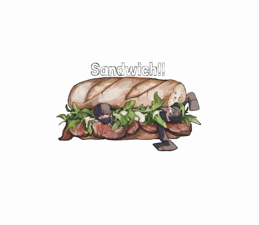 2boys arm_up black_coat black_eyes black_hair bread coat commentary_request eating english_text fatalbug896 food food_bite food_focus hair_between_eyes high_collar highres holding holding_food in_food leaf licking_lips long_sleeves looking_at_viewer lying male_focus meat multiple_boys nichts_(fatalbug896) on_back on_stomach original sandwich short_hair simple_background sleeves_past_fingers sleeves_past_wrists tongue tongue_out vegetable white_background wille_(fatalbug896)