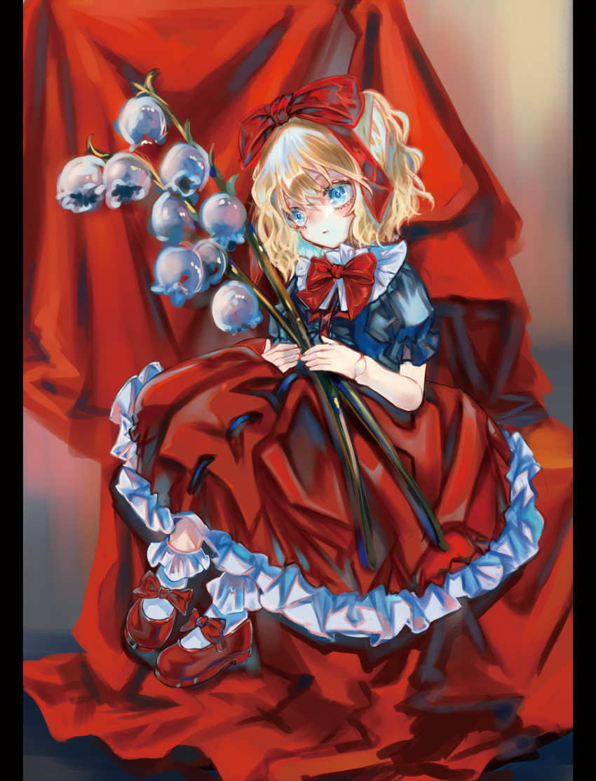 1girl blonde_hair blue_eyes blue_shirt blush bobby_socks bow bowtie cloth collared_shirt commentary doll_joints expressionless flower footwear_bow frilled_shirt_collar frilled_skirt frills full_body glossy_starling hair_bow highres holding holding_flower joints lily_of_the_valley medicine_melancholy medium_hair puffy_short_sleeves puffy_sleeves red_bow red_shoes red_skirt shirt shoes short_sleeves skirt socks solo syukou touhou white_socks