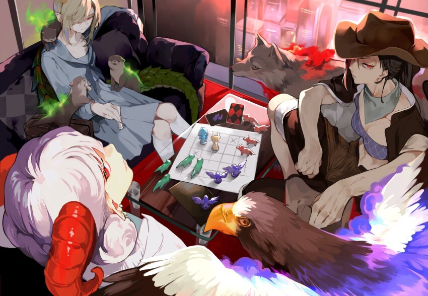 3girls animal antlers bird black_hair blonde_hair blue_shirt blue_skirt board_game brown_jacket card chess_piece cityscape couch cowboy_hat dragon_tail eagle ear_piercing grin hair_over_one_eye hat highres horns jacket kicchou_yachie kurokoma_saki looking_at_viewer midriff multiple_girls otter piercing pointy_ears ponytail red_eyes red_horns risui_(suzu_rks) scales sharp_teeth sheep_horns shirt sitting skirt smile table tail teeth touhou toutetsu_yuuma white_hair window wolf