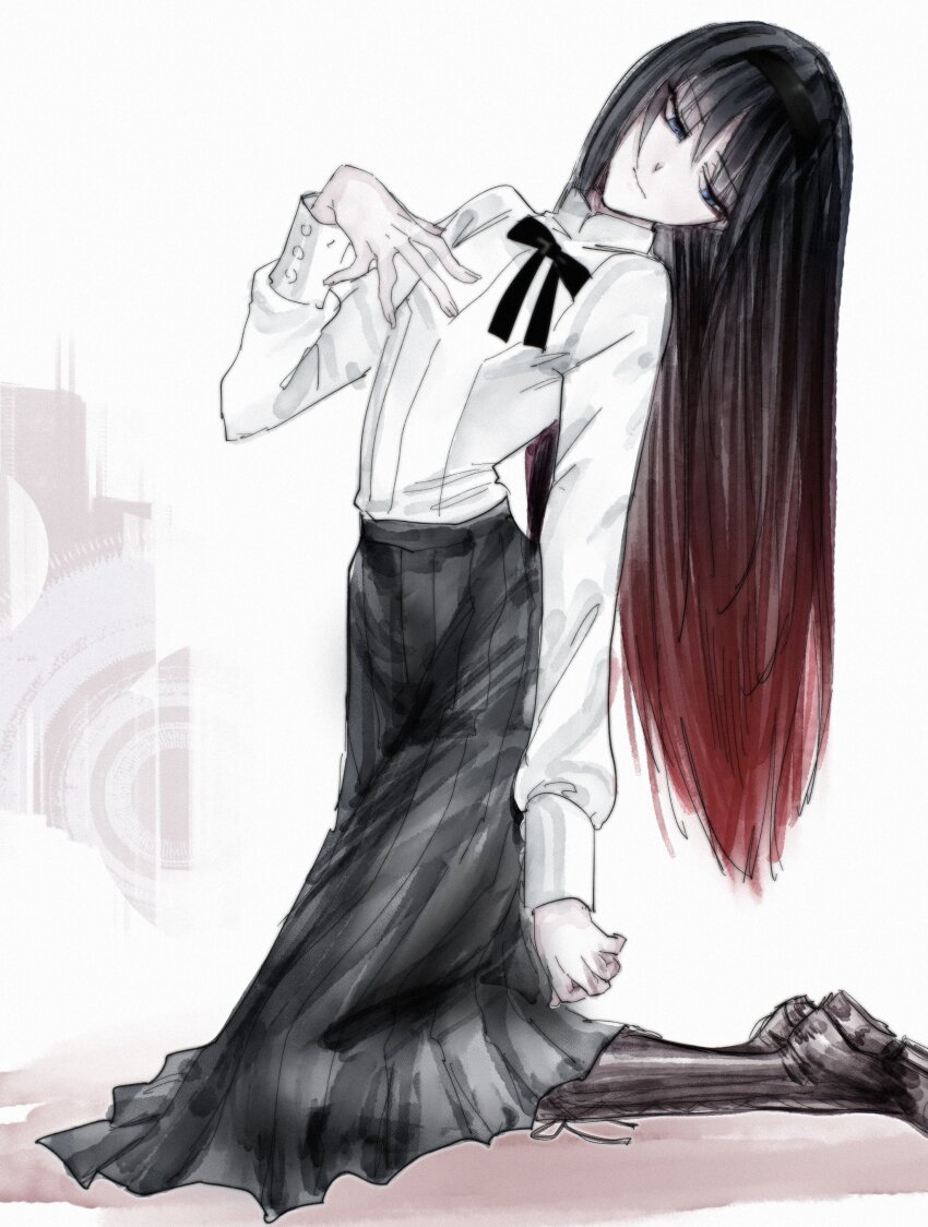 absurdres arched_back black_hair black_hairband bow bowtie flat_chest gradient_hair hairband hand_on_own_chest highres kneeling long_skirt looking_down maeyakara000 multicolored_hair pleated_skirt shirt simple_background skinny skirt tall_female tohno_akiha tsukihime tsukihime_(remake) white_shirt
