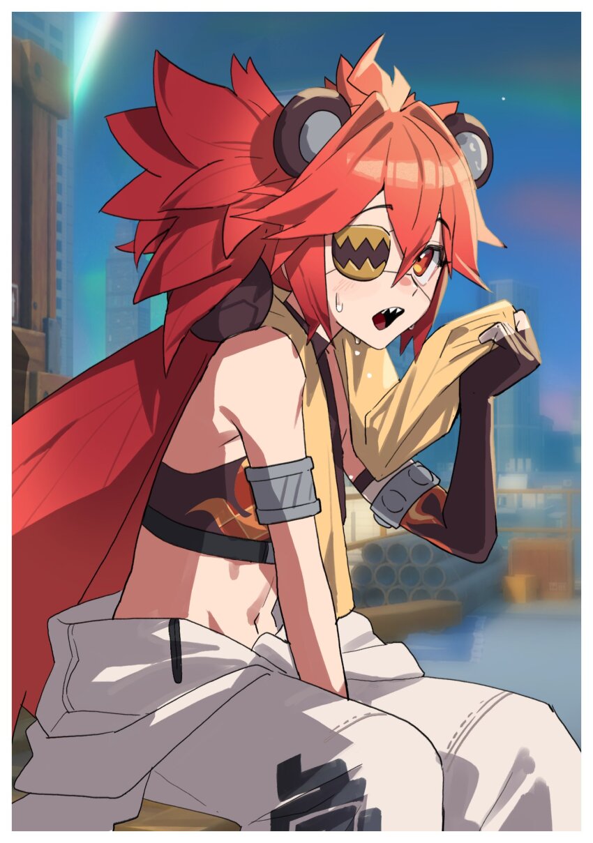 1girl arm_between_legs armlet blush border brown_shirt commentary construction_site crop_top eyepatch flame_print from_side gachop99 hair_between_eyes highres holding holding_towel jewelry jumpsuit jumpsuit_around_waist koleda_belobog long_hair looking_at_viewer navel night outdoors red_eyes red_hair sharp_teeth shirt sidelocks sitting solo spiked_hair stomach sweat symbol-only_commentary teeth three_quarter_view towel twintails white_border white_jumpsuit zenless_zone_zero