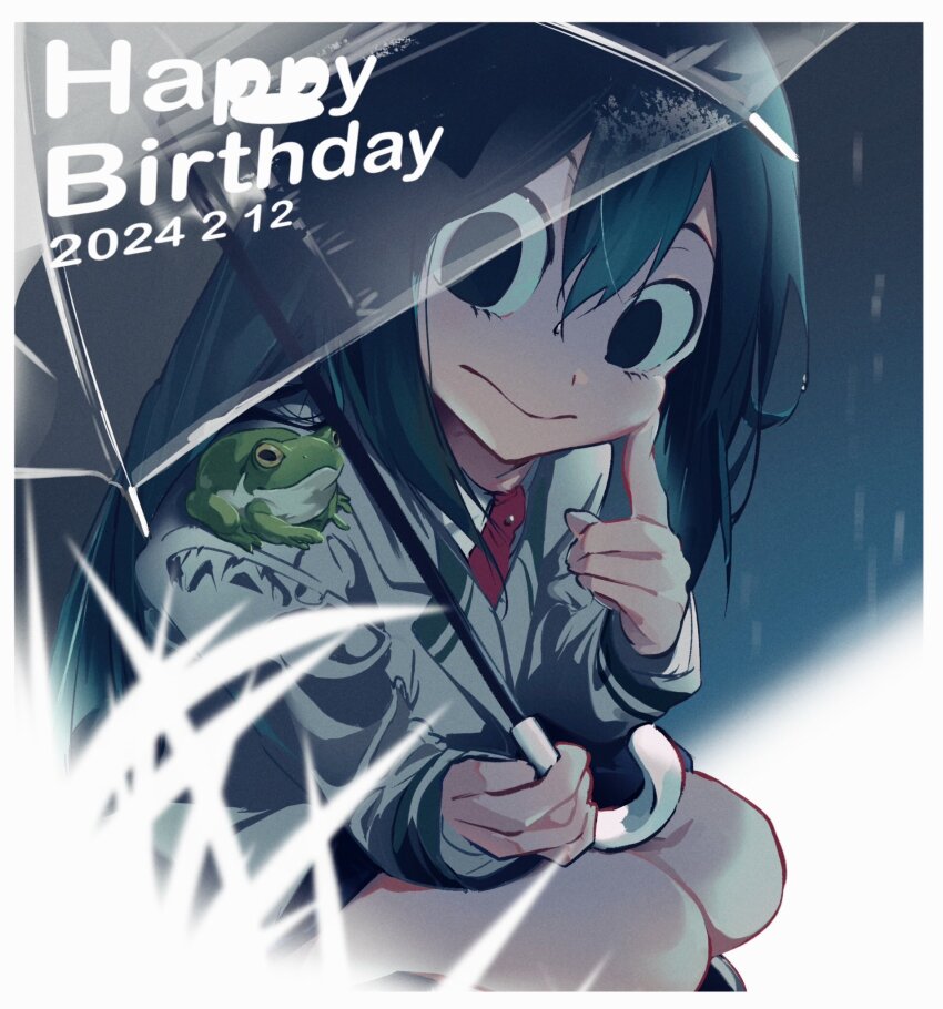 1girl asui_tsuyu black_hair blurry blurry_foreground boku_no_hero_academia border closed_mouth collared_shirt dated finger_to_cheek frog frog_on_shoulder grass grey_background hair_between_eyes happy_birthday highres holding holding_umbrella konekutozzzzz long_hair necktie outdoors rain red_necktie school_uniform shirt smile solo squatting transparent transparent_umbrella u.a._school_uniform umbrella wet wet_hair white_border white_shirt