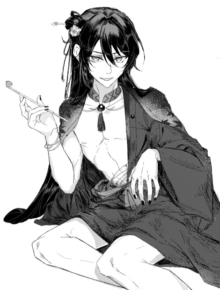 1boy asymmetrical_clothes autumn_leaves bare_legs bare_pectorals black_nails bracelet collarbone elbow_rest ensemble_stars! feet_out_of_frame flower from_above gem hadanugi_dousa hair_between_eyes hair_bun hair_flower hair_intakes hair_ornament hand_on_own_hip hand_up haori_on_shoulders highres holding holding_smoking_pipe japanese_clothes jewelry kanzaki_souma kanzashi kimono leaf leaf_print long_hair looking_at_viewer looking_up lounging male_focus maple_leaf_print midriff_sarashi monochrome multiple_bracelets nail_polish necklace nipples official_alternate_costume official_alternate_hairstyle one_side_up open_clothes open_kimono open_mouth pectorals sarashi short_kimono sidelocks simple_background single_hair_bun sitting smoking_pipe solo tassel topless_male v-shaped_eyebrows very_long_hair white_background whiten_wolf wide_sleeves